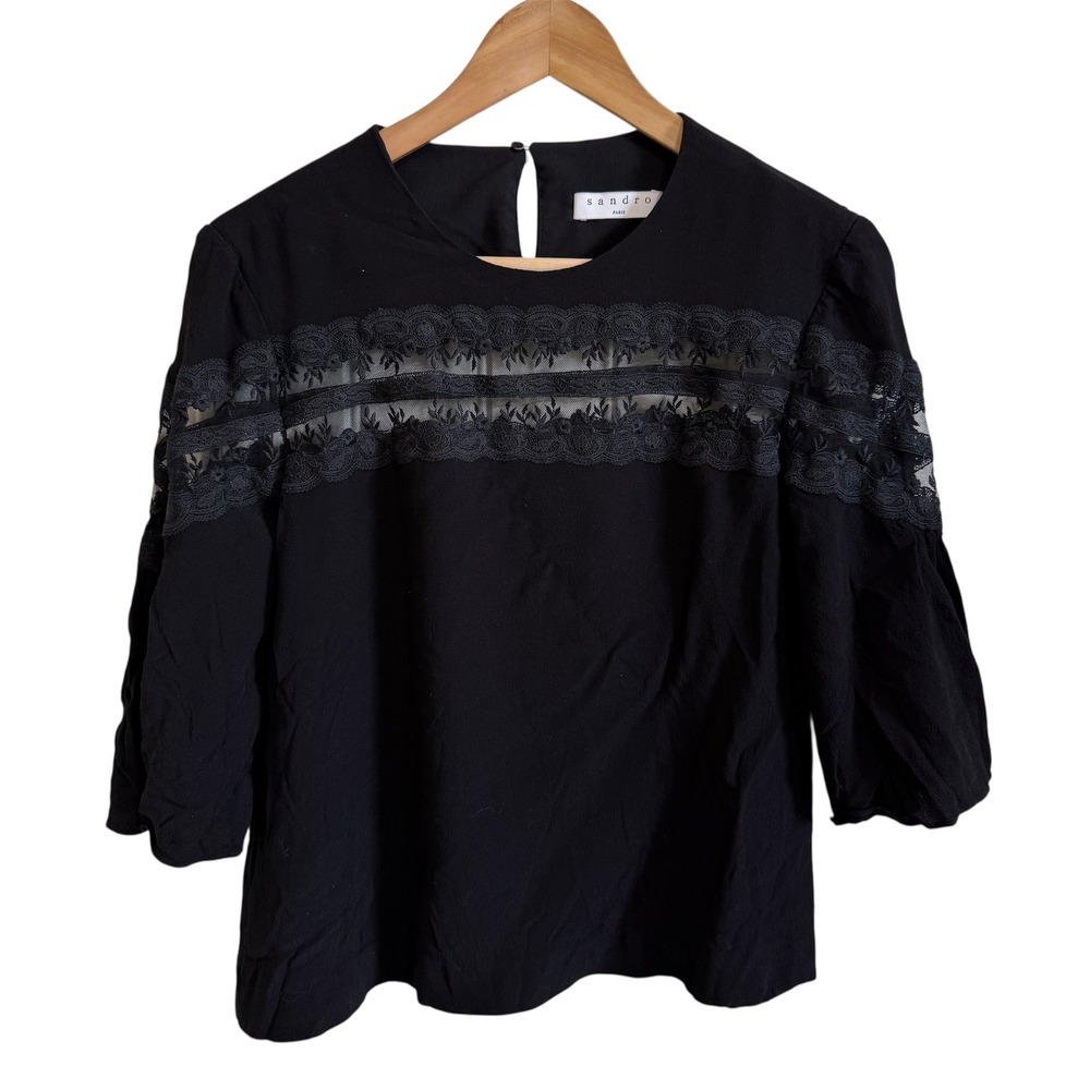 Sandro Paris Black Lace Detail Blouse Womens Top 3/4 Sleeve Elegant small